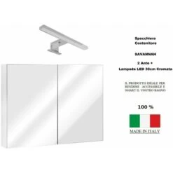 Specchio Contenitore Bagno 2 ANTE. Specchiera Armadietto A Parete + Lampada LED Cromata.
