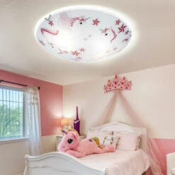 Lampada Da Soffitto Lampada Da Soffitto A LED Per Bambini Lampada Da Soffitto Per Ragazze Cameretta Rotonda, Vetro Unicorno Stelle Bianco Rosa, 16W 960lm Bianco Caldo, D 30 Cm