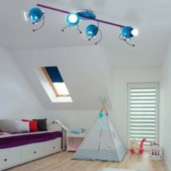 Plafoniera, Lampada Per Camerette, Plafoniera, Sala Giochi, 4 Punti Fiamma, Mobile, Acciaio Viola Turchese, 4x GU10 4W 240Lm 3000K, LxH 76x17,5cm