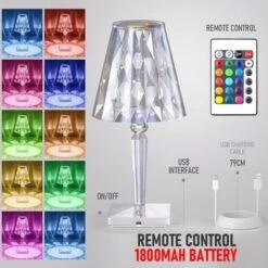 Trade Shop - Lampada Da Tavola Ricaricabile 16 Colori Effetto Cristallo Con Telecomando Usb